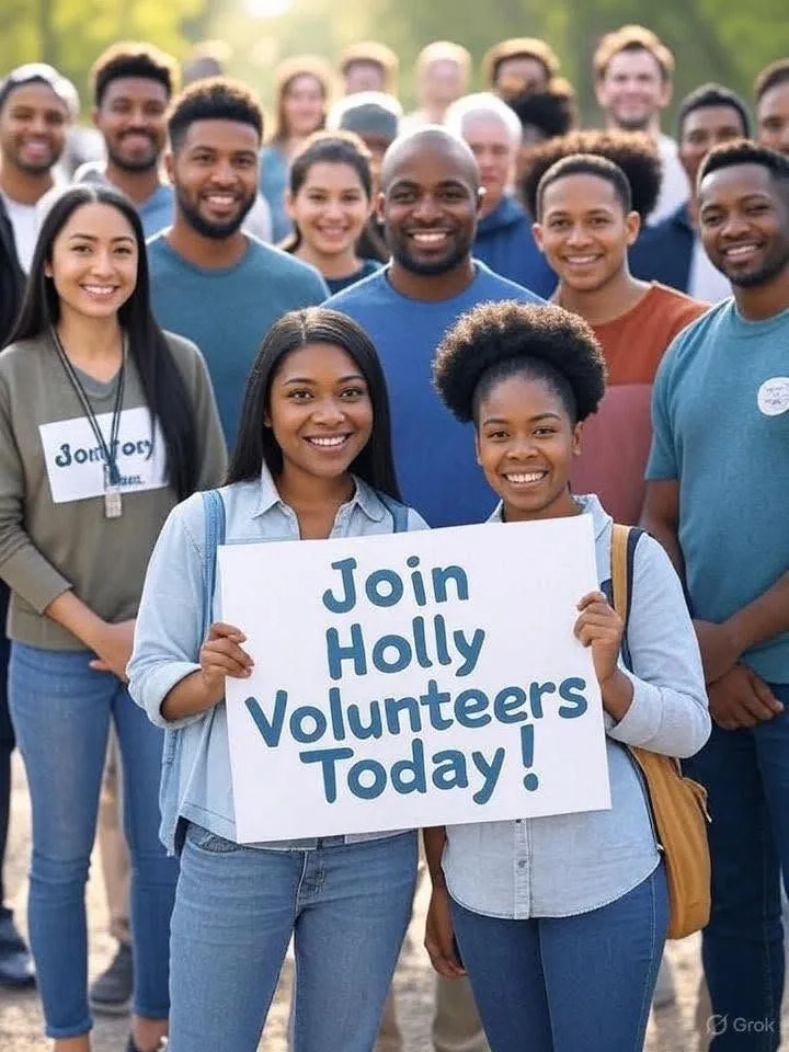 A diverse group of volunteers gathered together outdoors.